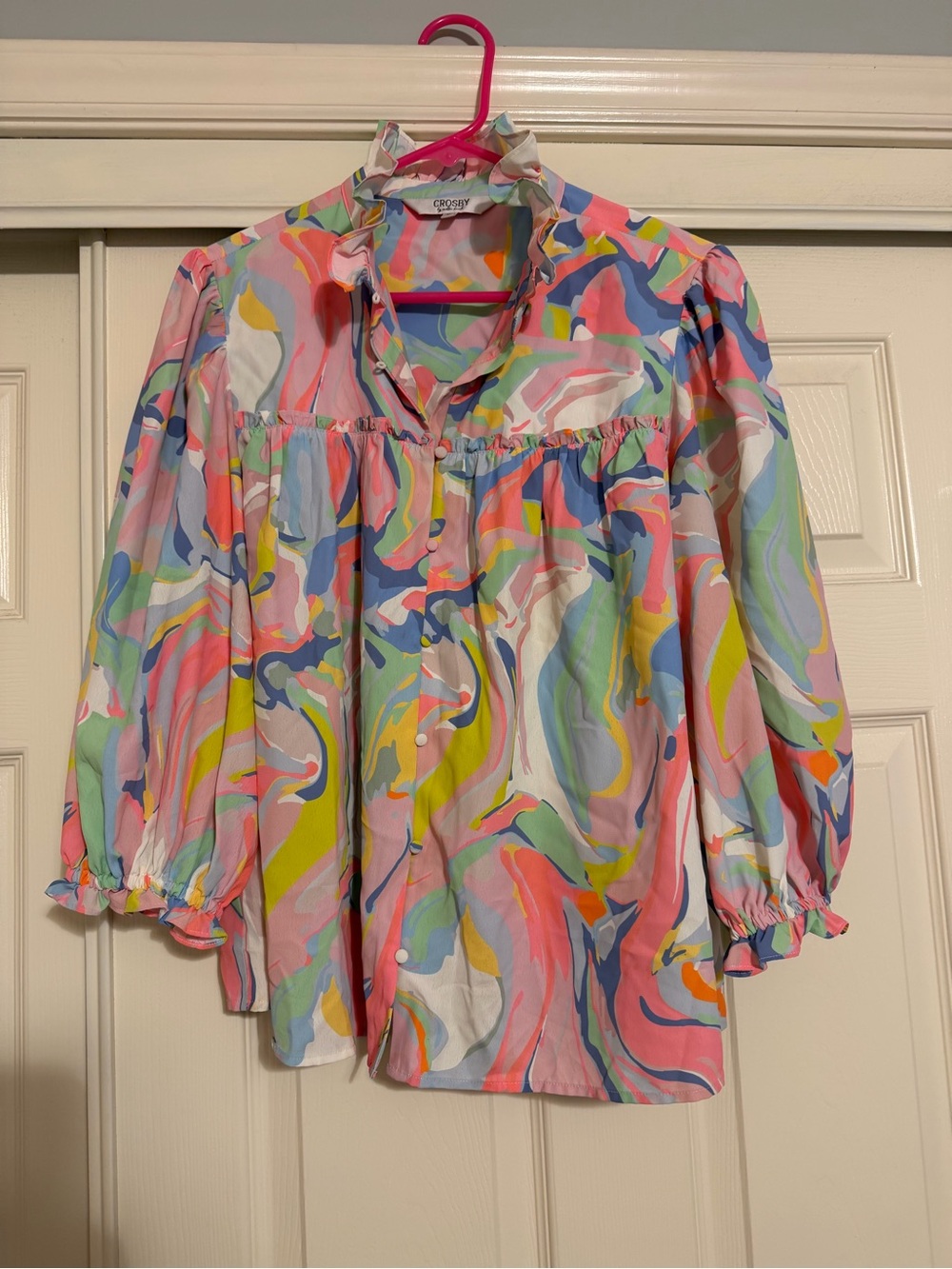 Crosby By Mollie Burch Worth Floral Haze Pink Mock Neck Blouse Top Shirt M